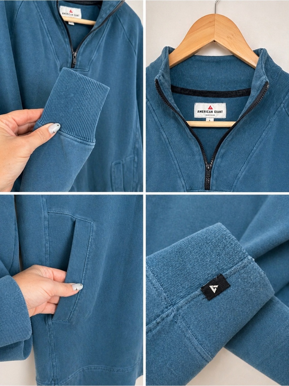 American Giant Womens Large Quarter Zip Tunic Sweatshirt Blue Cotton Pullover - Picture 3 of 4